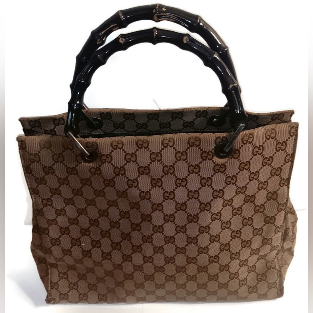 GUCCI VINTAGE CLASSY RARE GG handbag, 13 X 14"", Brown/Tan, BAMBOO HANDLES